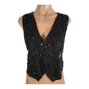 Rachna New York Women’s Black Silk Sequined Beaded Vest Crop 80s 90s Size M